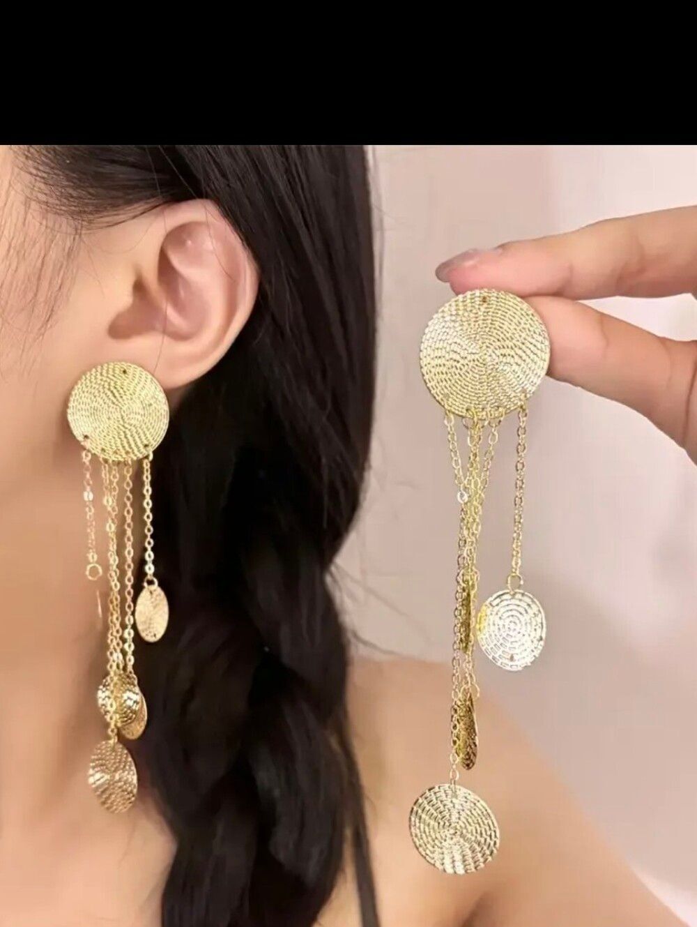 Gold Metal Circular Tassel Drop Earrings
